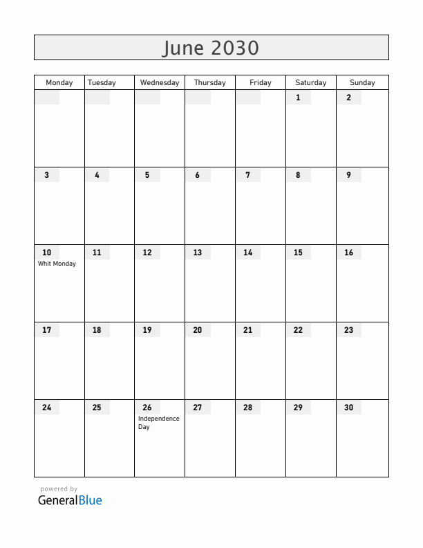 Madagascar June 2030 Calendar with Holidays