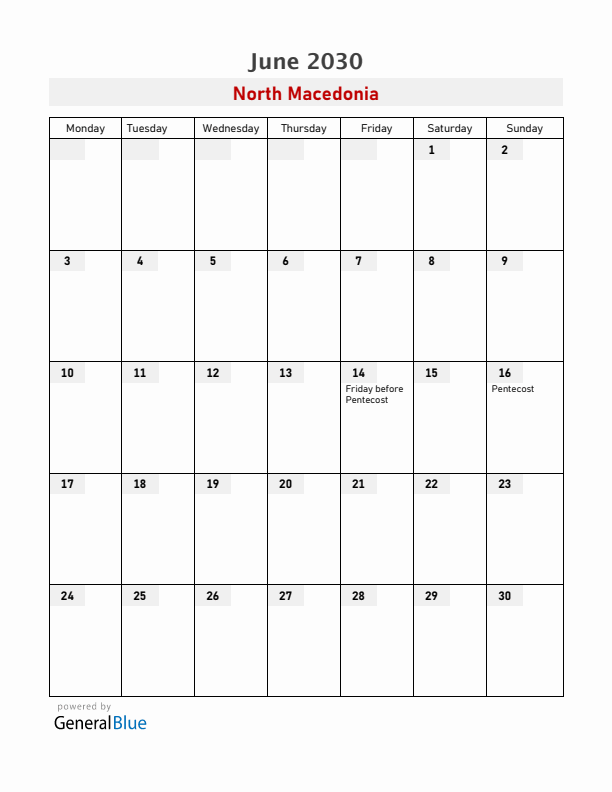 North Macedonia June 2030 Calendar with Holidays