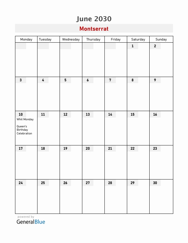 Montserrat June 2030 Calendar with Holidays