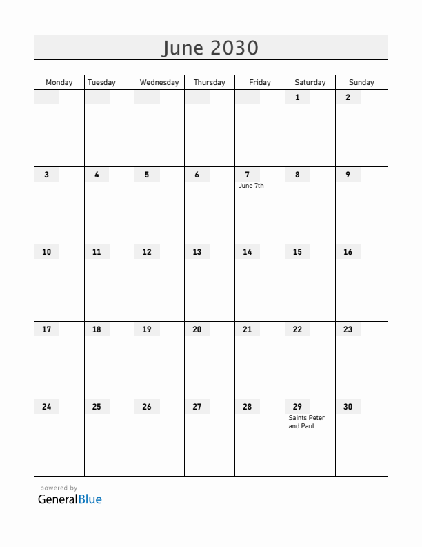 Malta June 2030 Calendar with Holidays