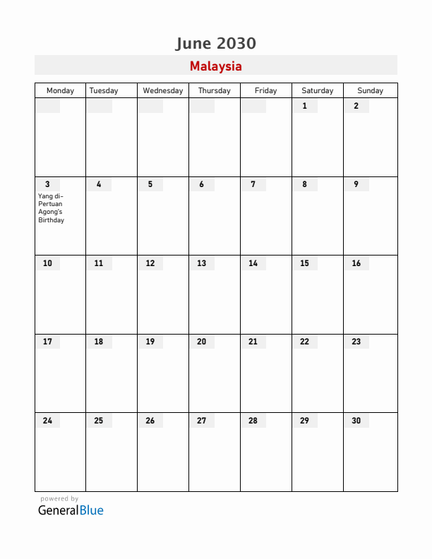Malaysia June 2030 Calendar with Holidays