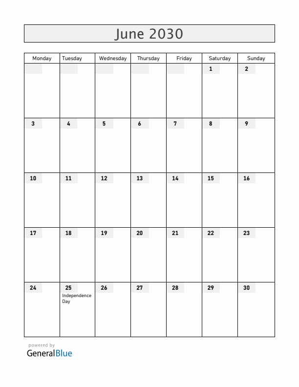 Mozambique June 2030 Calendar with Holidays