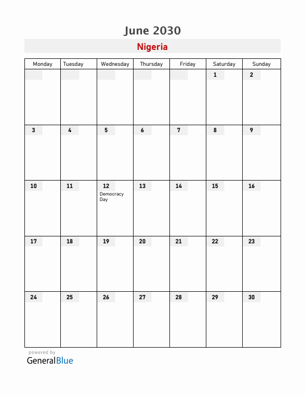 Nigeria June 2030 Calendar with Holidays