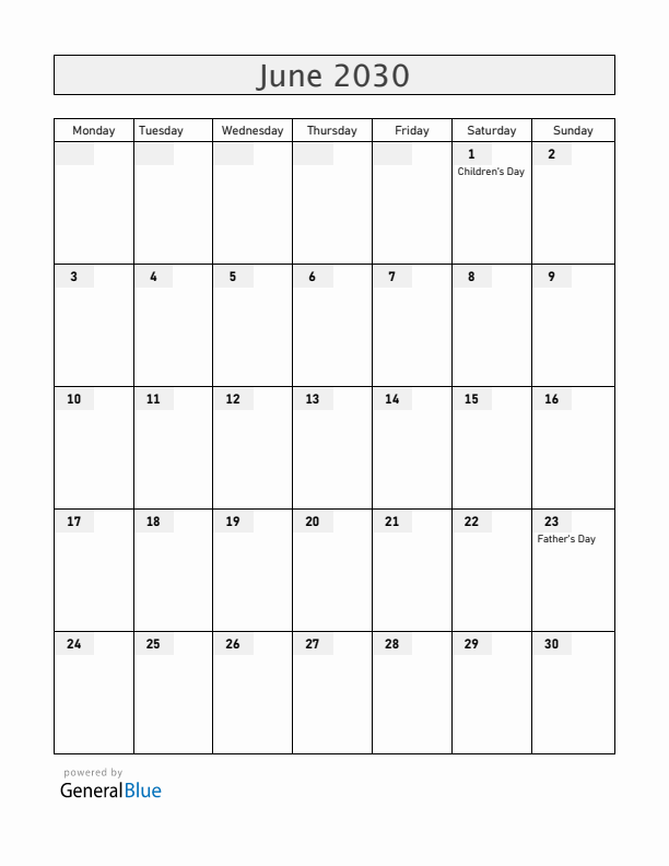 Nicaragua June 2030 Calendar with Holidays