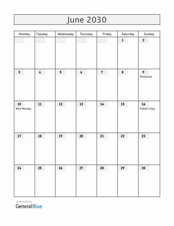 The Netherlands June 2030 Calendar with Holidays