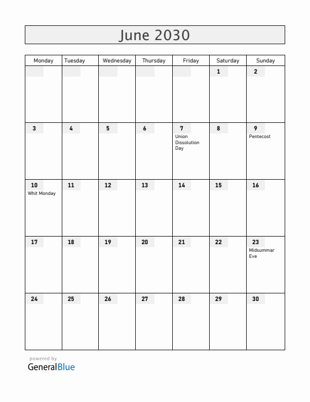 Norway June 2030 Calendar with Holidays