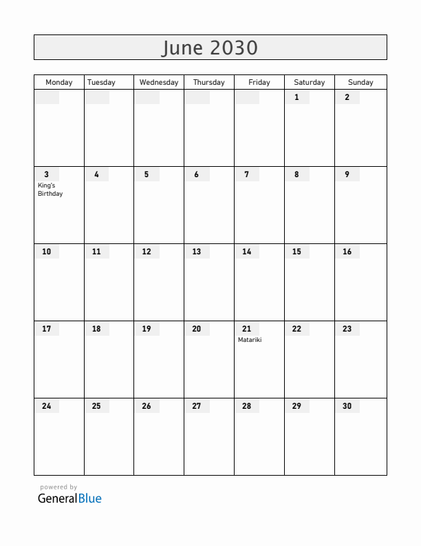 New Zealand June 2030 Calendar with Holidays