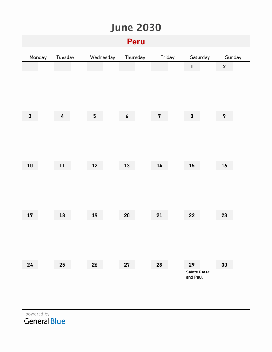 Peru June 2030 Calendar with Holidays (Monday Start)
