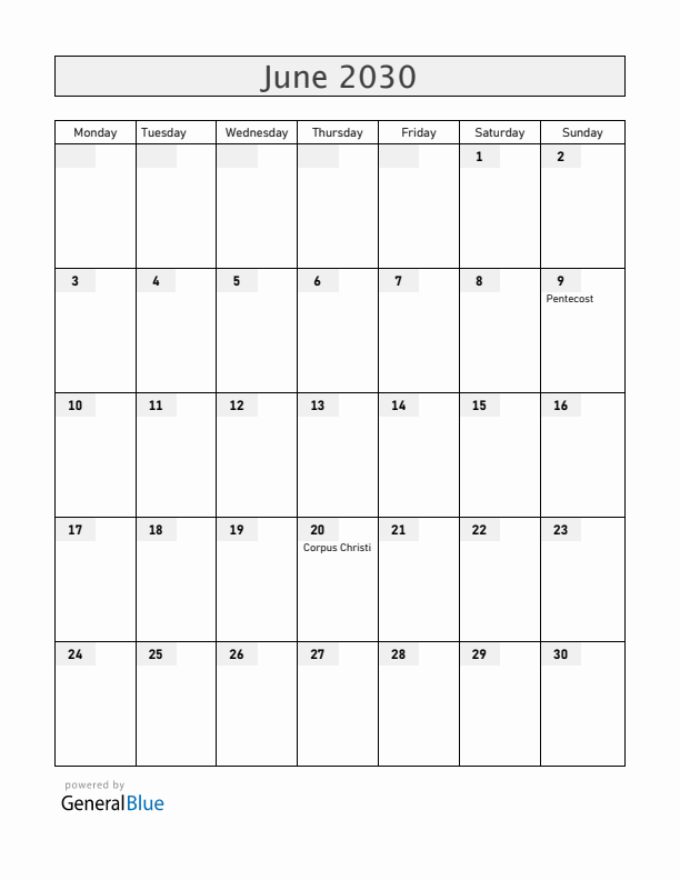 Poland June 2030 Calendar with Holidays