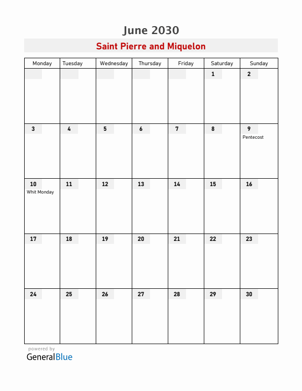 Saint Pierre and Miquelon June 2030 Calendar with Holidays