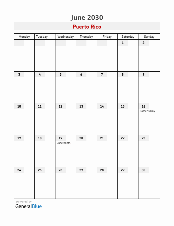 Puerto Rico June 2030 Calendar with Holidays