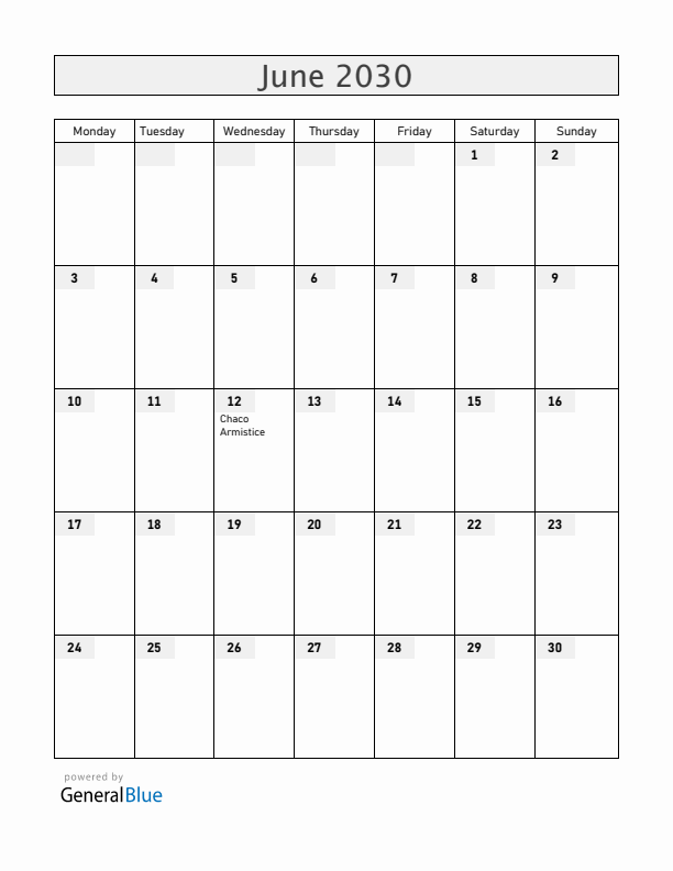Paraguay June 2030 Calendar with Holidays