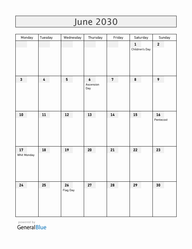 Romania June 2030 Calendar with Holidays