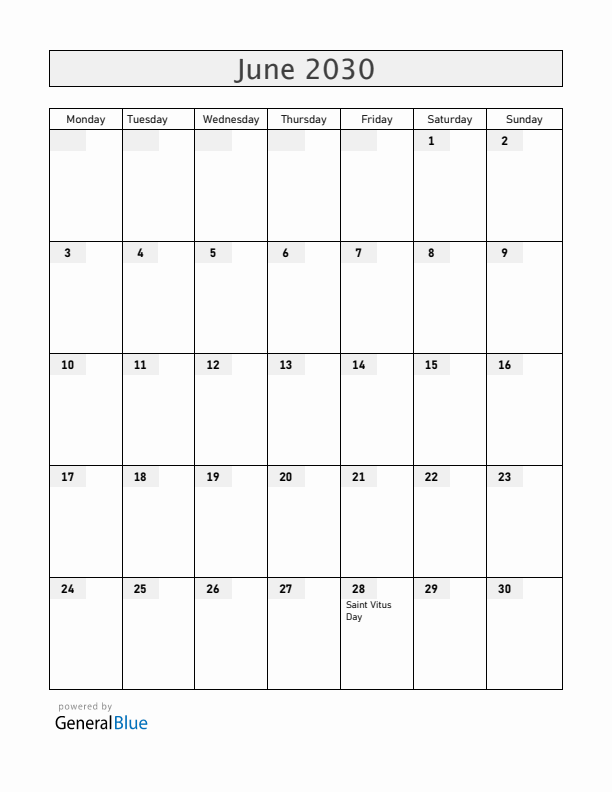 Serbia June 2030 Calendar with Holidays