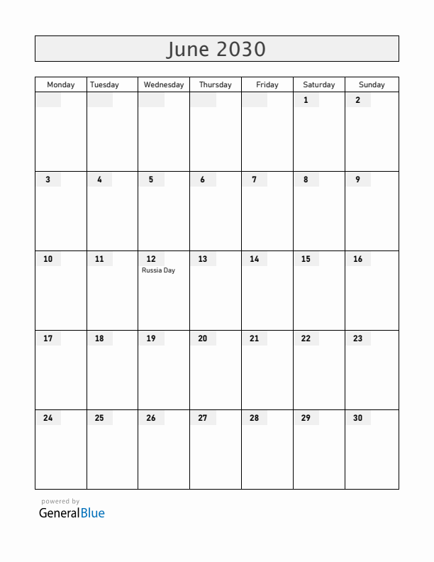 Russia June 2030 Calendar with Holidays