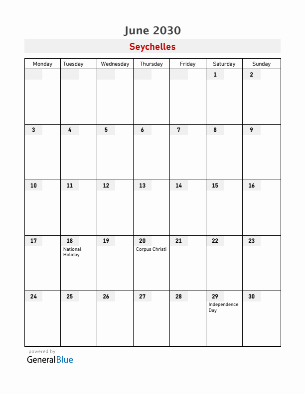 Seychelles June 2030 Calendar with Holidays