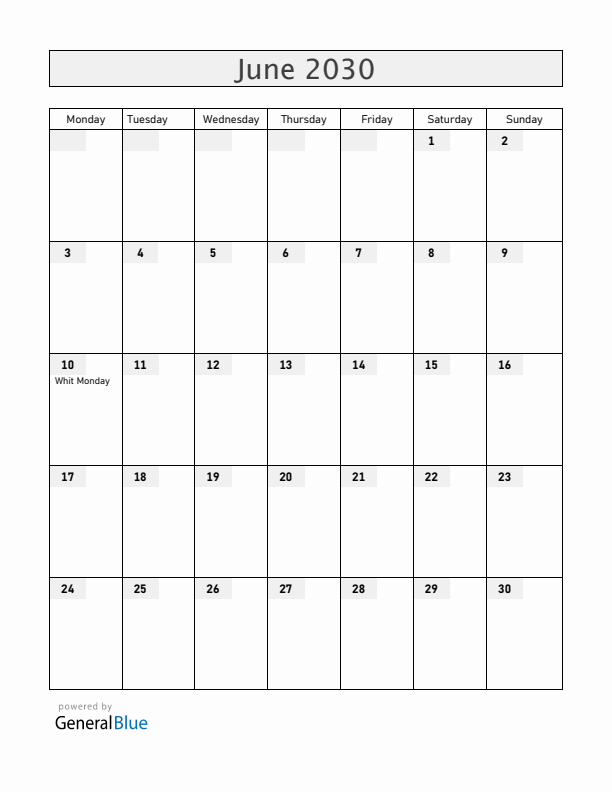 Saint Helena June 2030 Calendar with Holidays