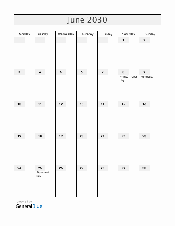 Slovenia June 2030 Calendar with Holidays