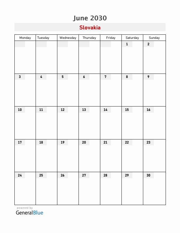 Slovakia June 2030 Calendar with Holidays