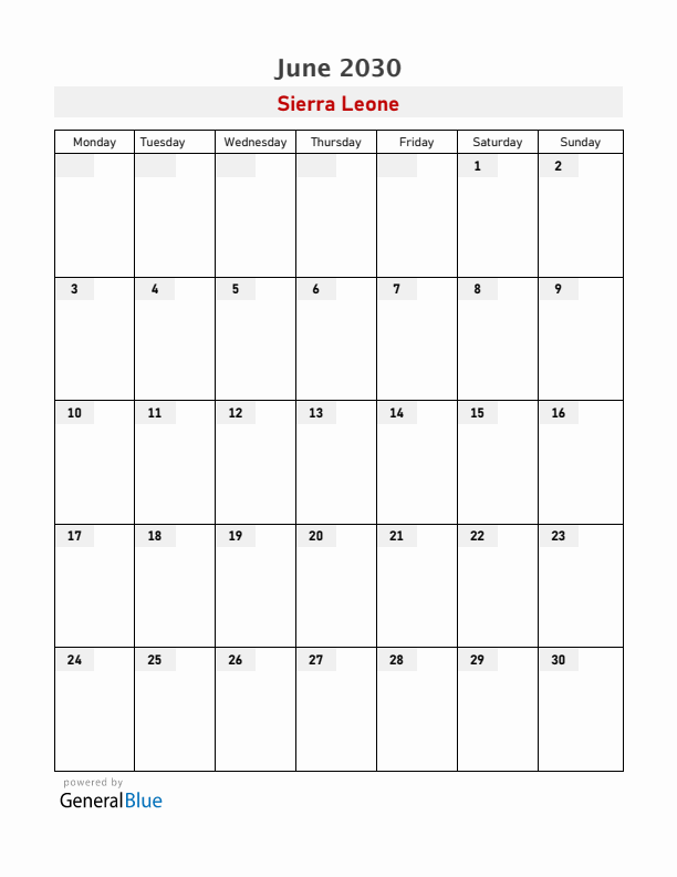 Sierra Leone June 2030 Calendar with Holidays