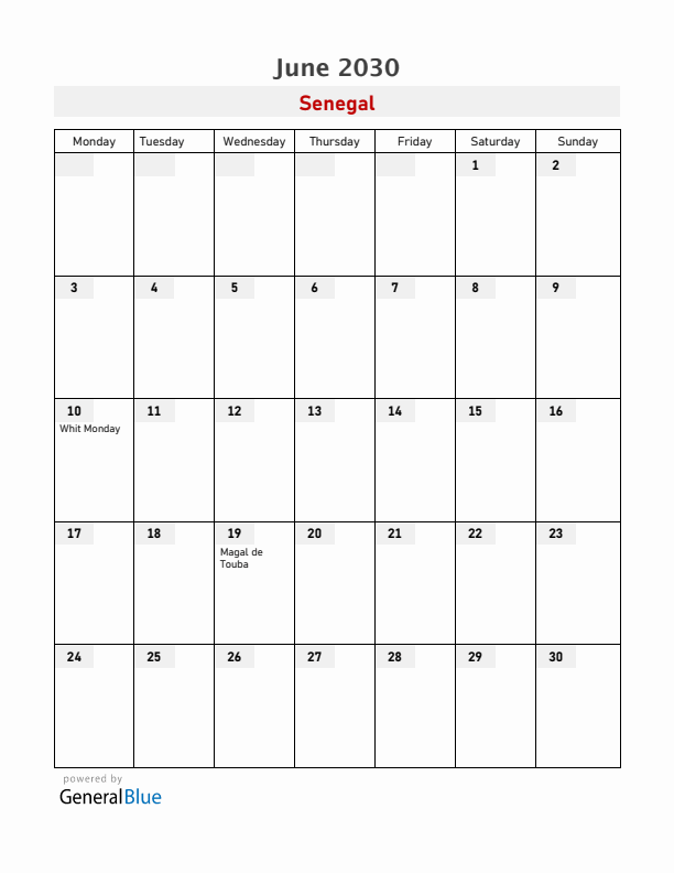 Senegal June 2030 Calendar with Holidays