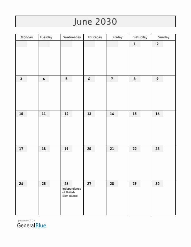 Somalia June 2030 Calendar with Holidays
