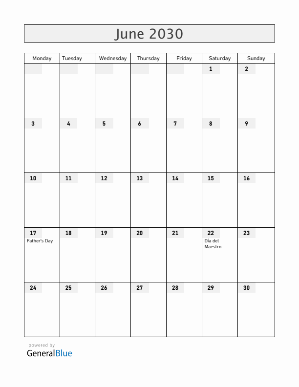 El Salvador June 2030 Calendar with Holidays