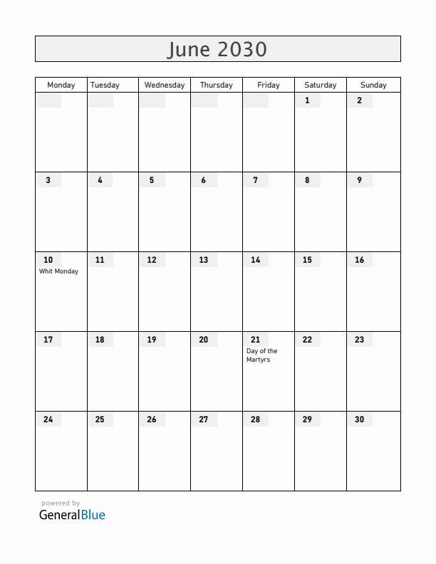 Togo June 2030 Calendar with Holidays