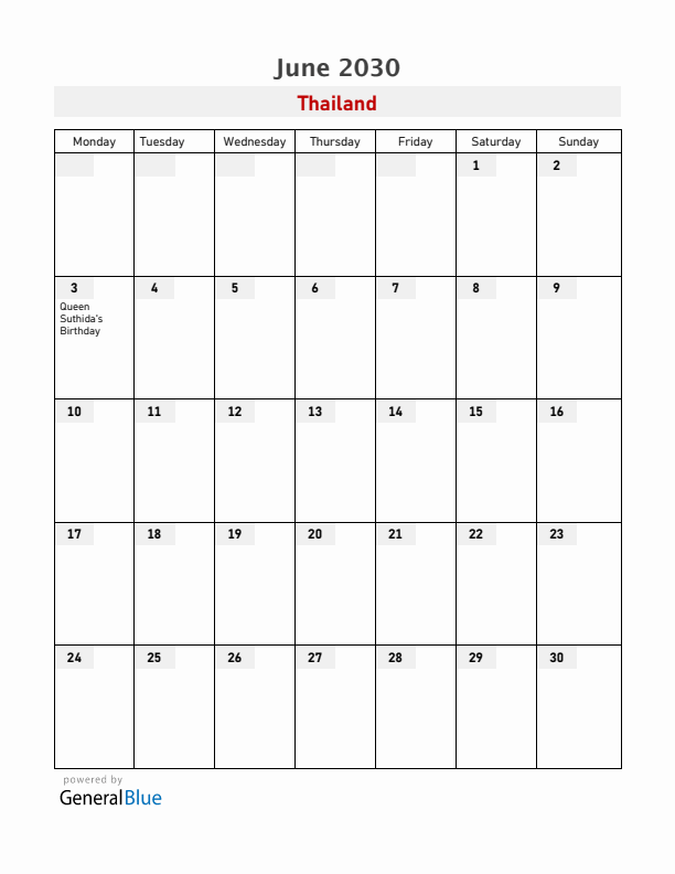 Thailand June 2030 Calendar with Holidays