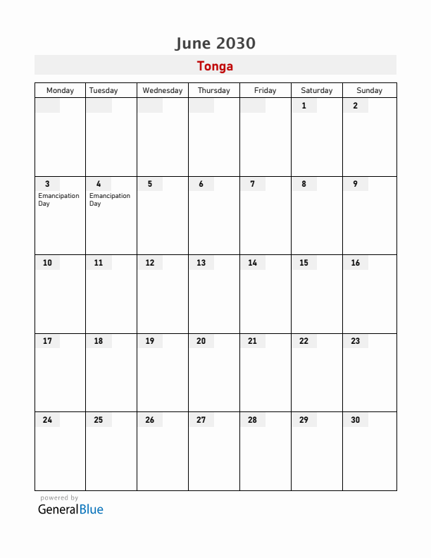Tonga June 2030 Calendar with Holidays