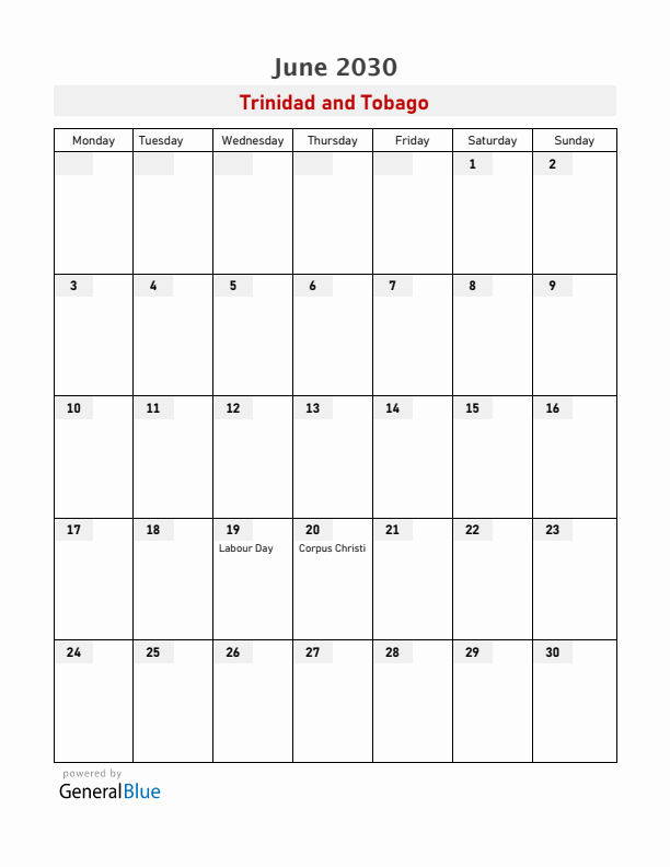 Trinidad and Tobago June 2030 Calendar with Holidays