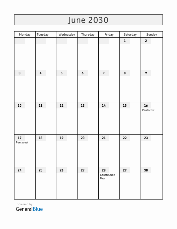 Ukraine June 2030 Calendar with Holidays