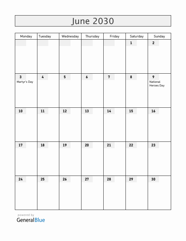 Uganda June 2030 Calendar with Holidays