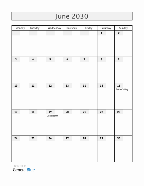 United States June 2030 Calendar with Holidays