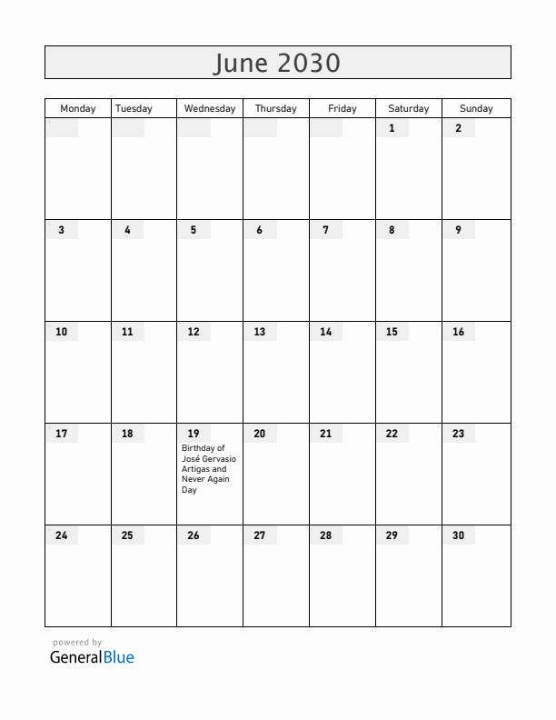 Uruguay June 2030 Calendar with Holidays