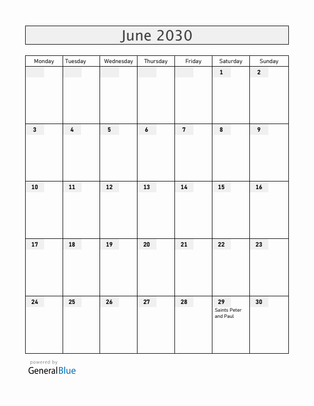 Vatican June 2030 Calendar with Holidays