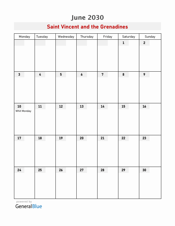 Saint Vincent and the Grenadines June 2030 Calendar with Holidays