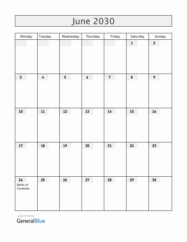 Venezuela June 2030 Calendar with Holidays