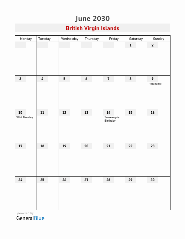British Virgin Islands June 2030 Calendar with Holidays