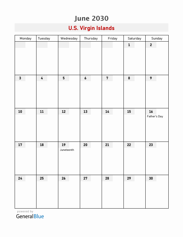 U.S. Virgin Islands June 2030 Calendar with Holidays