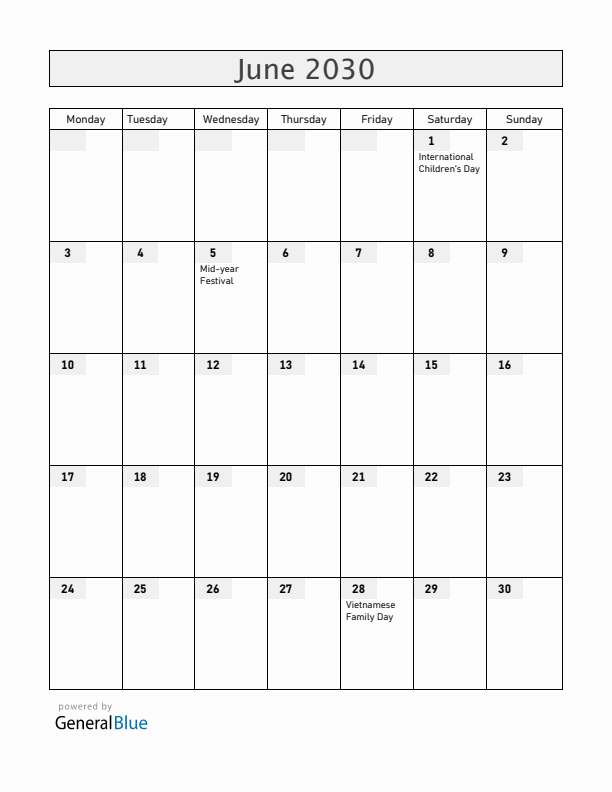 Vietnam June 2030 Calendar with Holidays