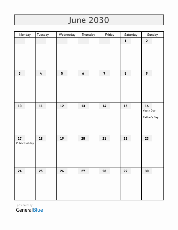 South Africa June 2030 Calendar with Holidays