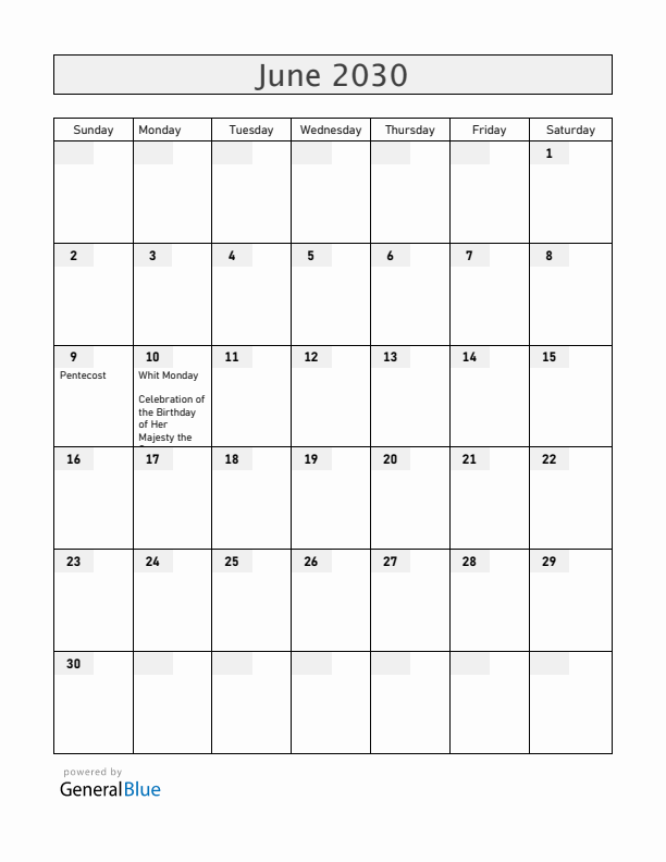 Anguilla June 2030 Calendar with Holidays