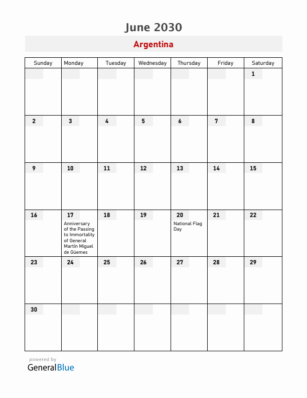 Argentina June 2030 Calendar with Holidays