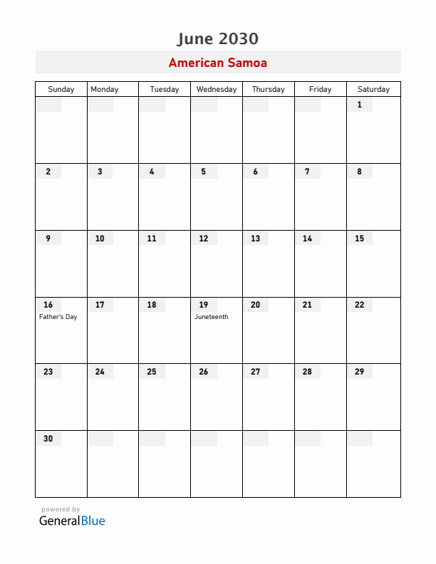 American Samoa June 2030 Calendar with Holidays