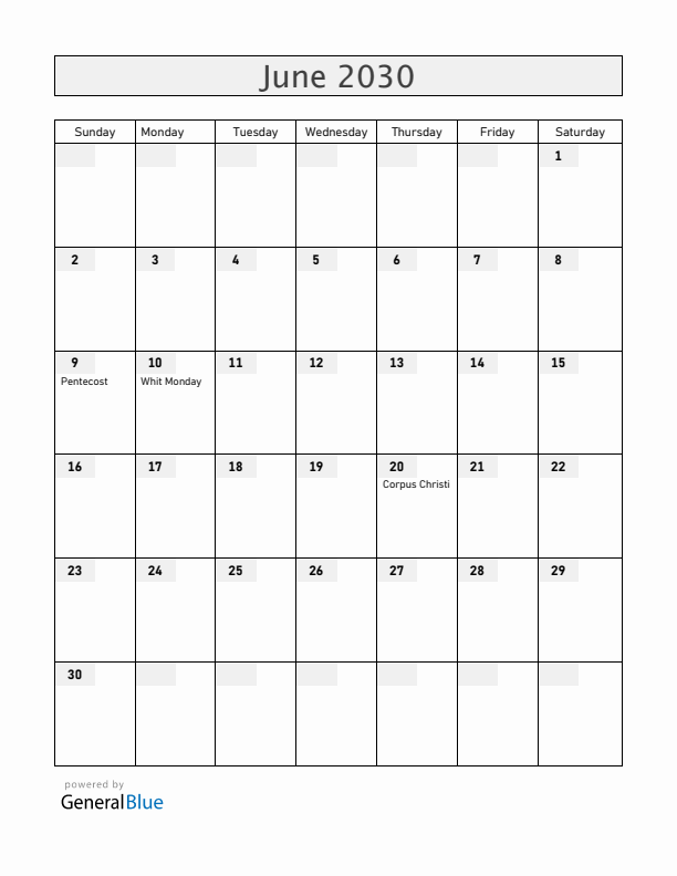 Austria June 2030 Calendar with Holidays