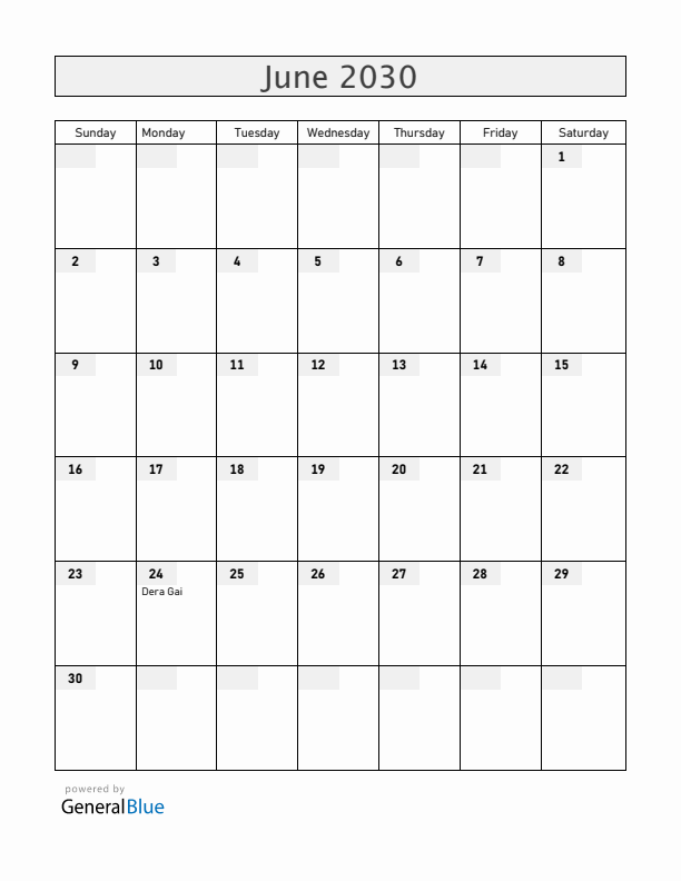 Aruba June 2030 Calendar with Holidays