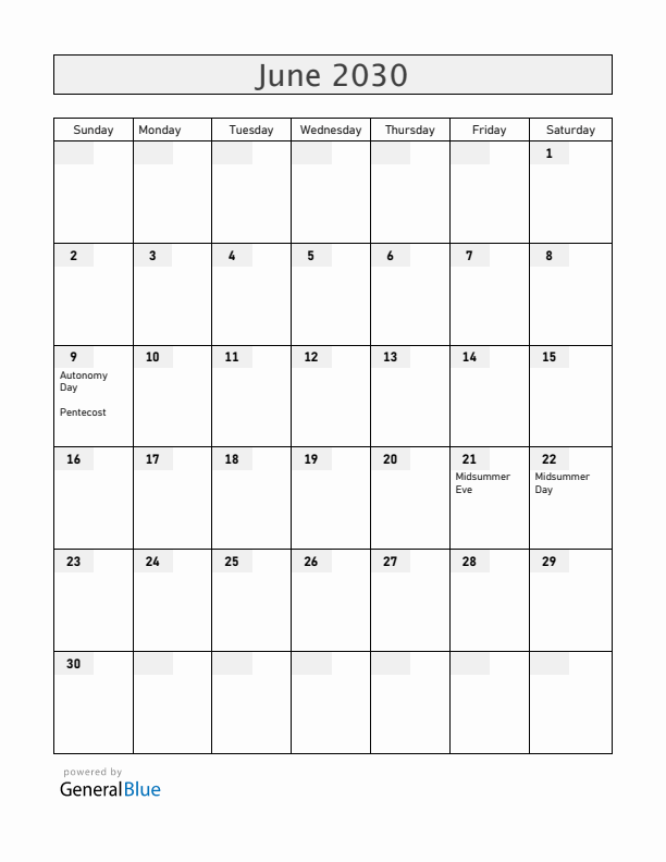 Aland Islands June 2030 Calendar with Holidays