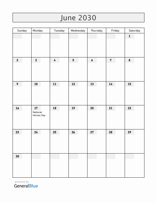 Bermuda June 2030 Calendar with Holidays