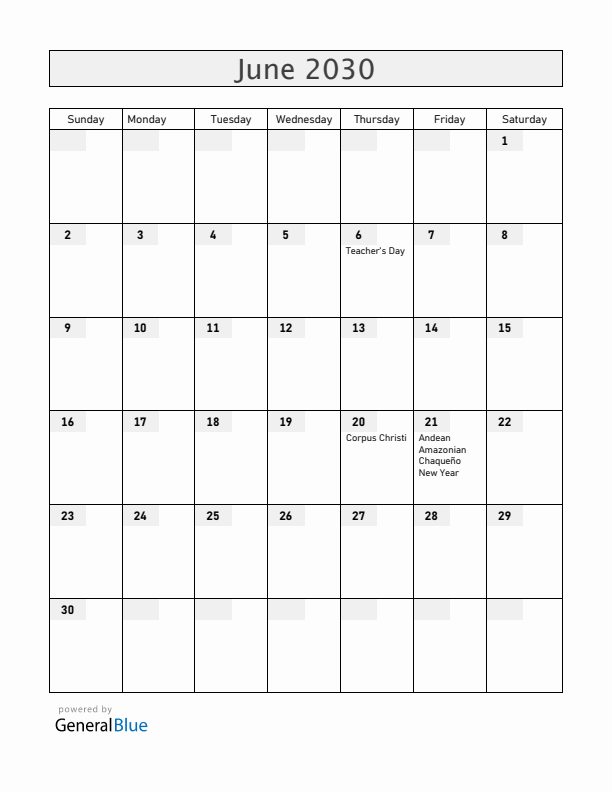 Bolivia June 2030 Calendar with Holidays